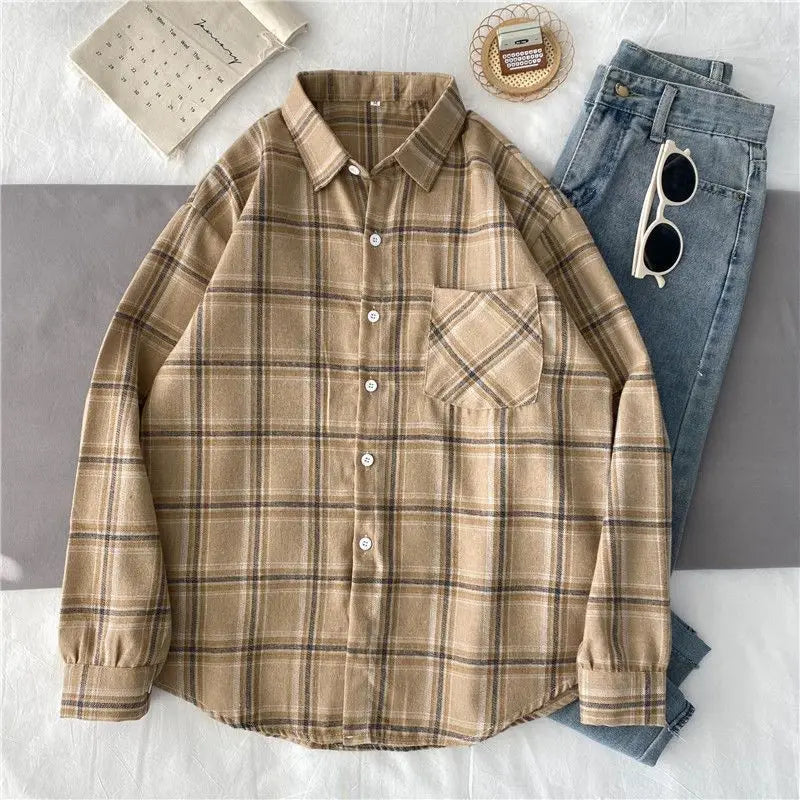 Korean Style Oversized Plaid Shirt - Women's Long Sleeve Button Up Blouse