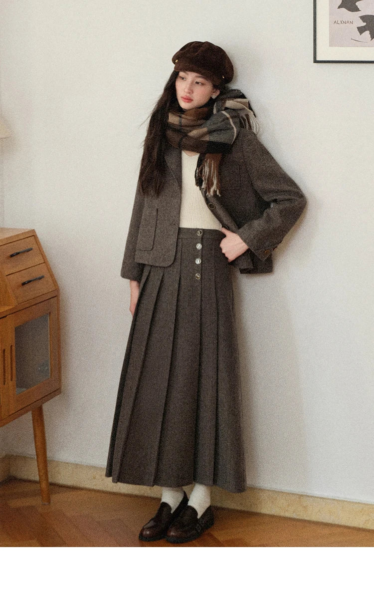 Korean Style Pleated Wool Skirt - Elegant High-Waist A-Line Midi Skirt for Women