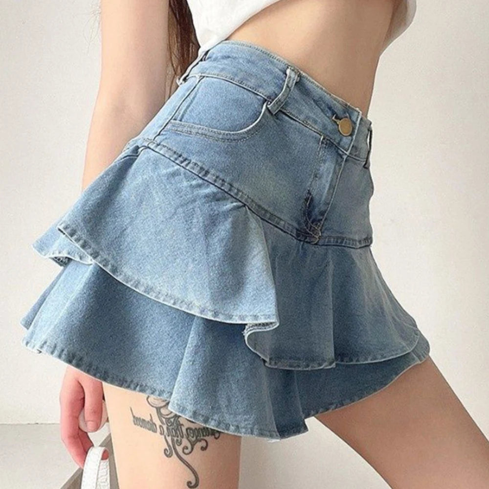 Korean Style Denim Mini Skirt - High Waist A-Line Vintage Wash Ruffle Skirt