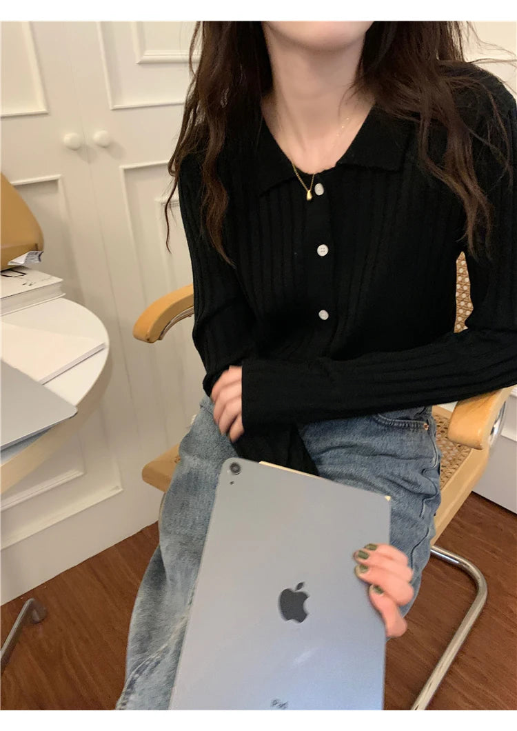 Korean Style Polo Collar Knit Cardigan - Women's Elegant Layering Sweater