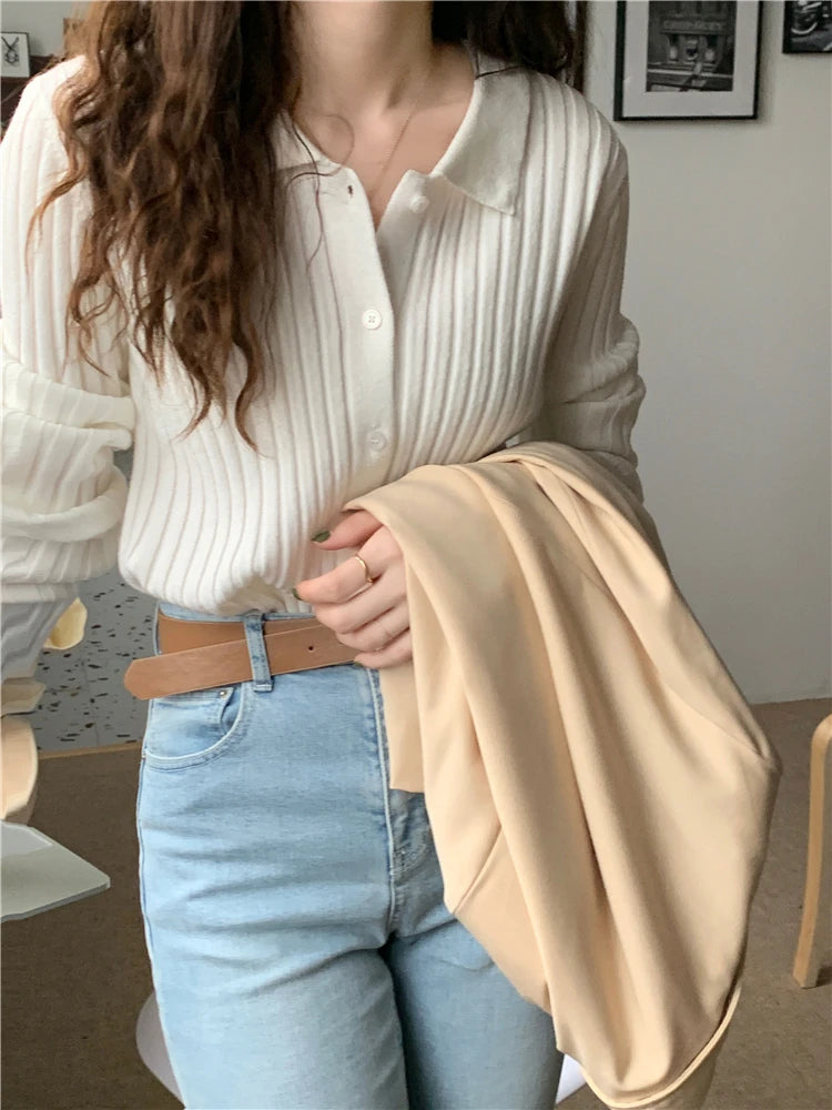 Korean Style Polo Collar Knit Cardigan - Women's Elegant Layering Sweater