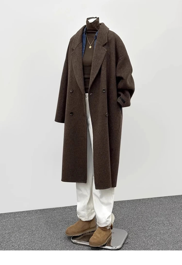 Korean Style Wool Coat - Women's Double-Breasted Mid-Length Winter Jacket