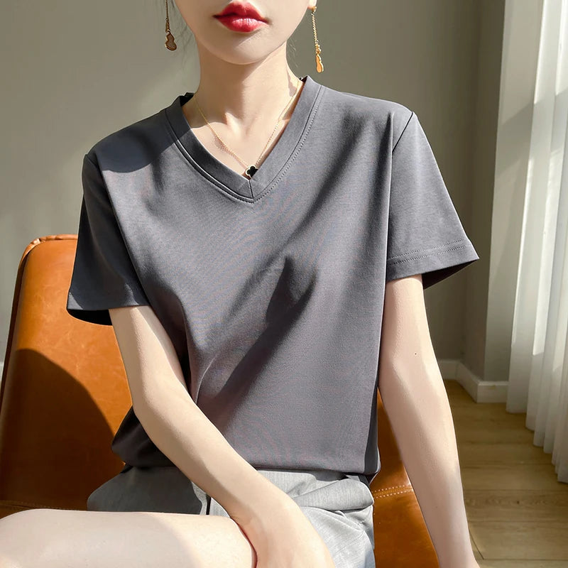 Korean Style V-Neck Cotton T-Shirt - Women's Relaxed Fit Short Sleeve Top