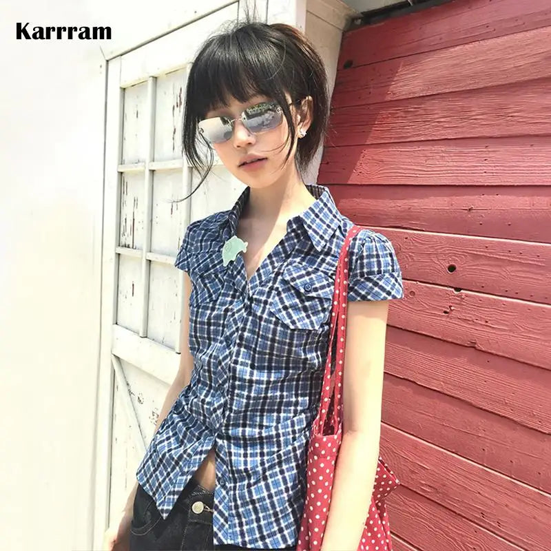 Korean Style Y2K Plaid Shirt - Women's Vintage Short Sleeve Blouse