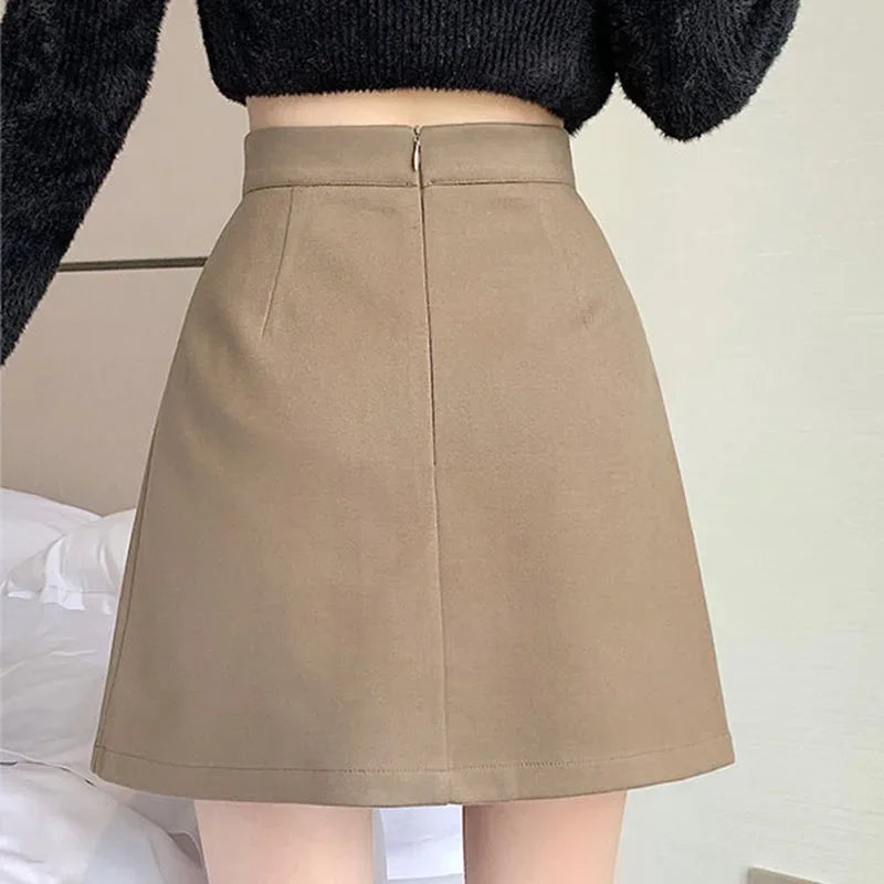 Korean Style High Waist Woolen Mini Skirt - A-Line Bodycon Skirt with Zipper