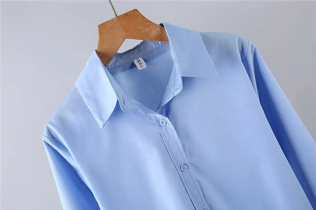 Korean Style Blue Shirt - Women's Long Sleeve Button-Up Blouse