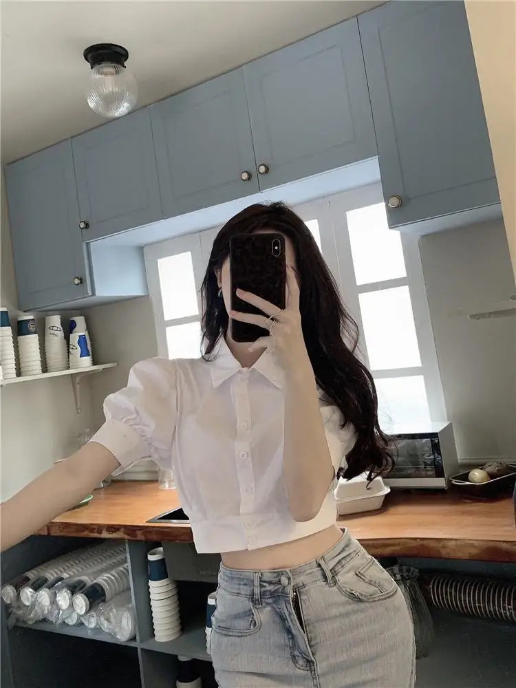 Korean Style White Puff Sleeve Cropped Shirt - Women's Elegant Preppy Blouse