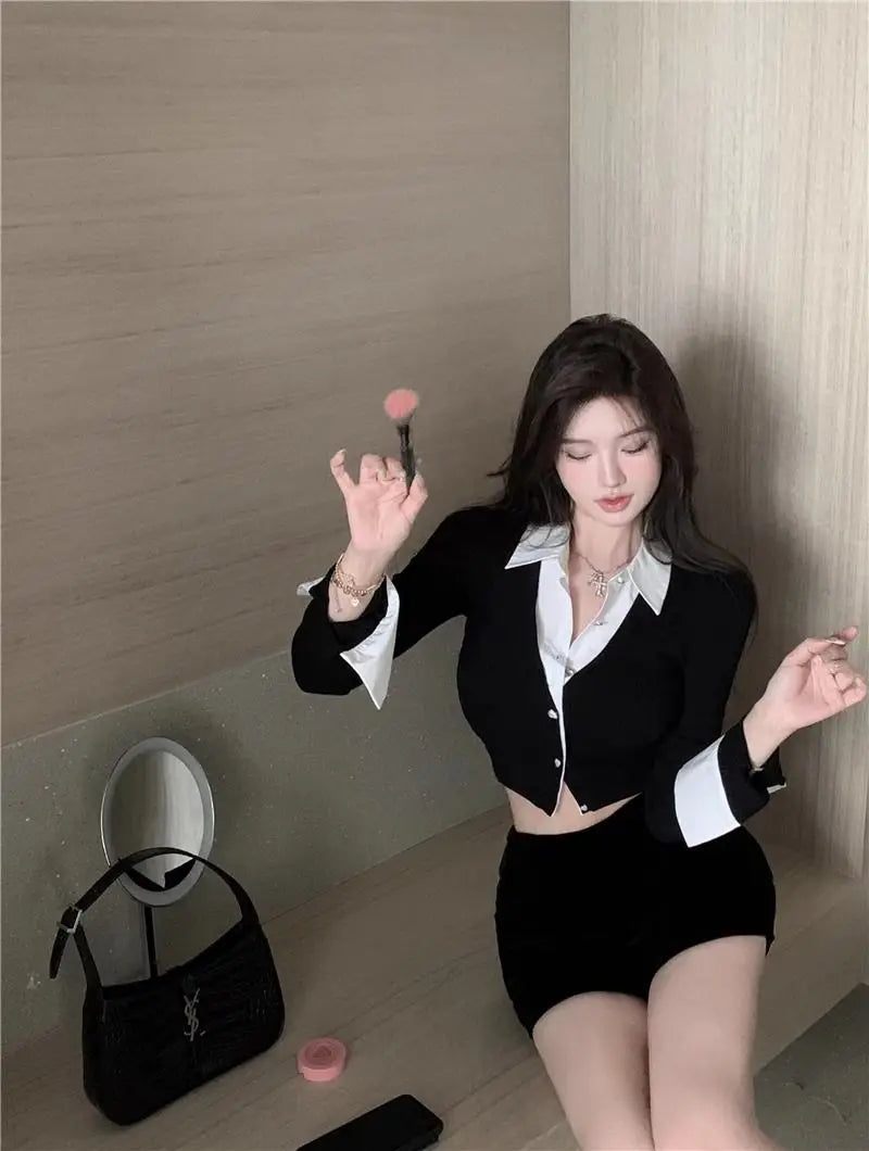Korean Style Two-Piece Effect Blouse - Women's Slim Fit Cropped Shirt