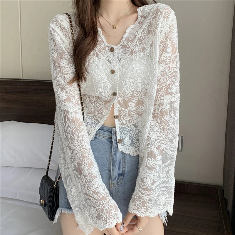 Korean Style Lace Blouse - Sheer Long Sleeve Summer Top