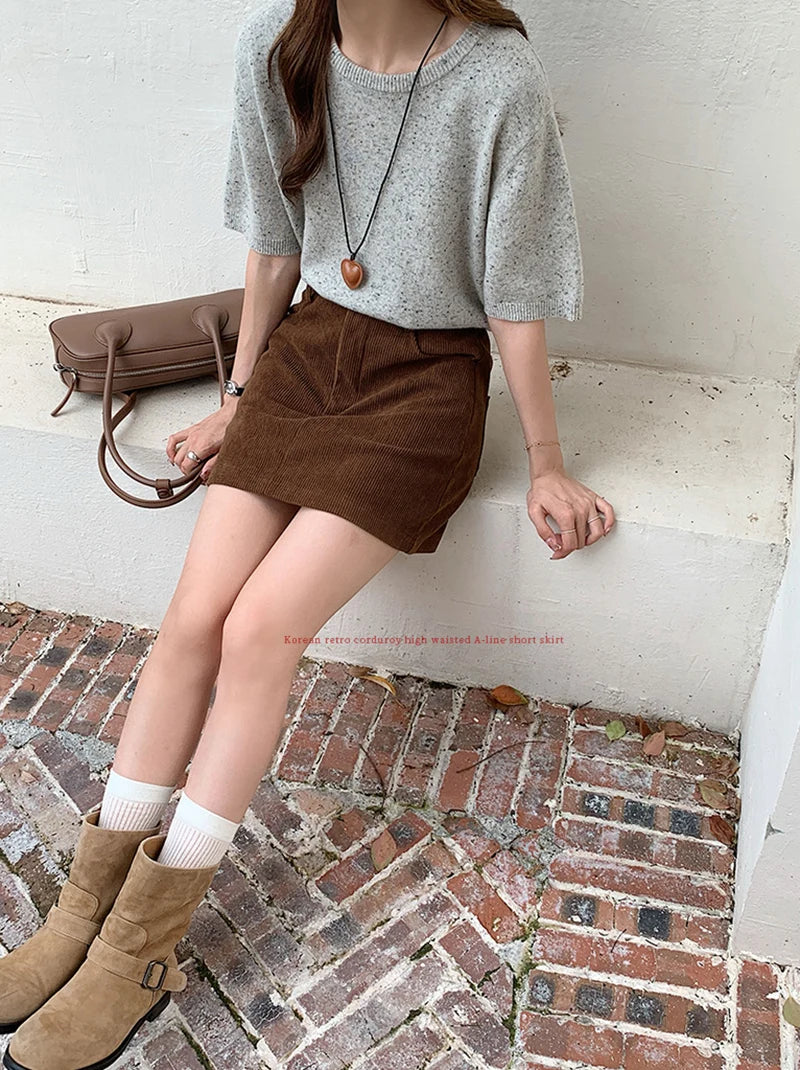 Korean Style High Waist Corduroy Mini Skirt - A-Line Vintage College Skirt with Pockets