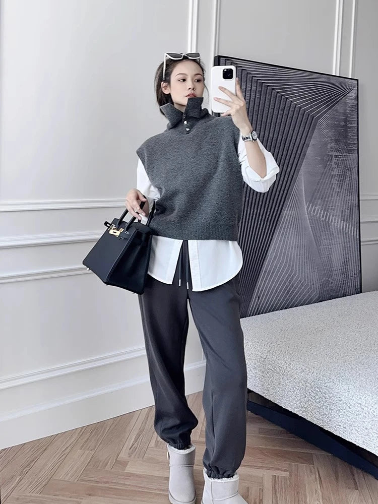 Korean Style Cashmere Turtleneck Vest - Sleeveless Knit Jumper Top