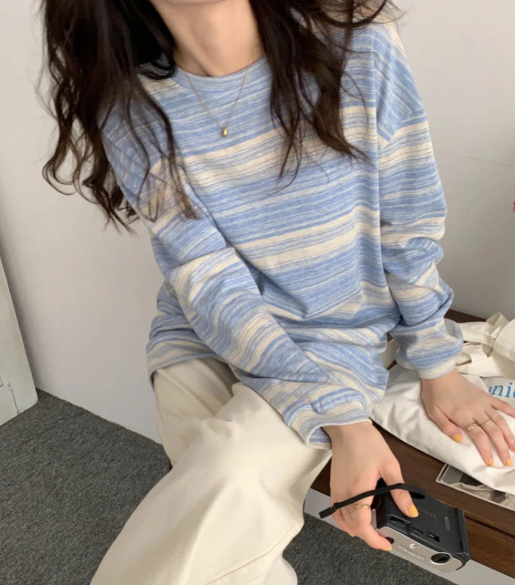 Korean Style Vintage Striped Long Sleeve T-Shirt - Women's Loose Fit Top