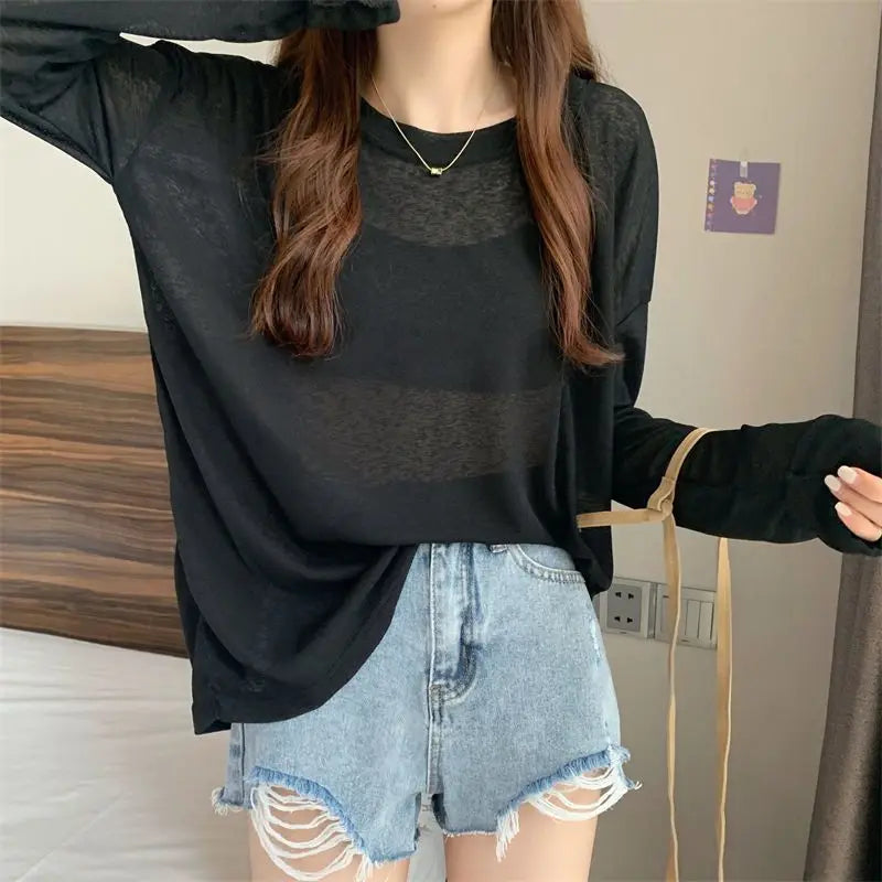 Korean Style Mesh Long Sleeve Cover Up Top