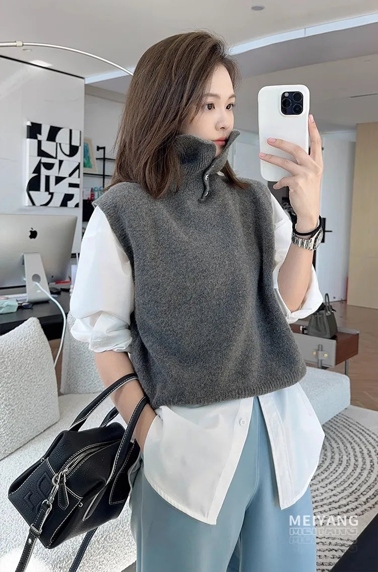 Korean Style Cashmere Turtleneck Vest - Sleeveless Knit Jumper Top