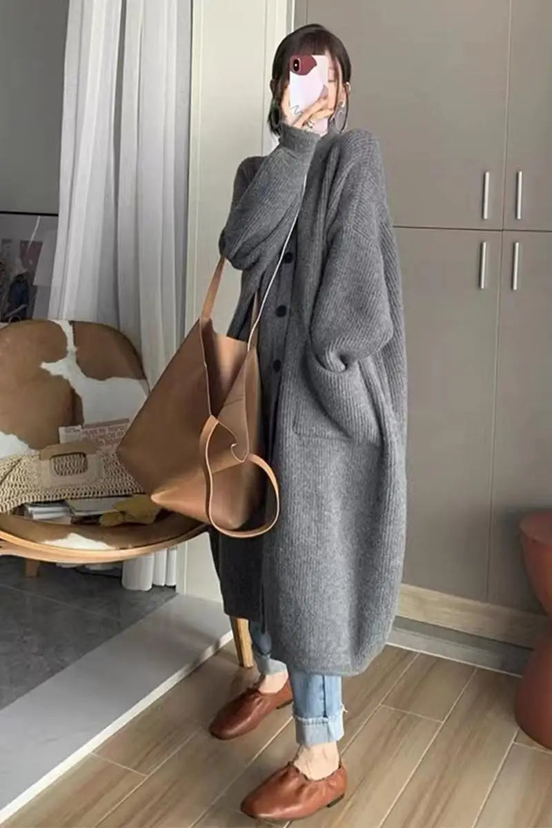Korean Style Long Cardigan with High Collar - Women's Knit Sweater