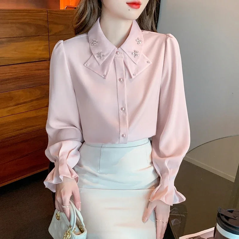 Korean Style Chiffon Blouse - Elegant Long Sleeve White Shirt for Women