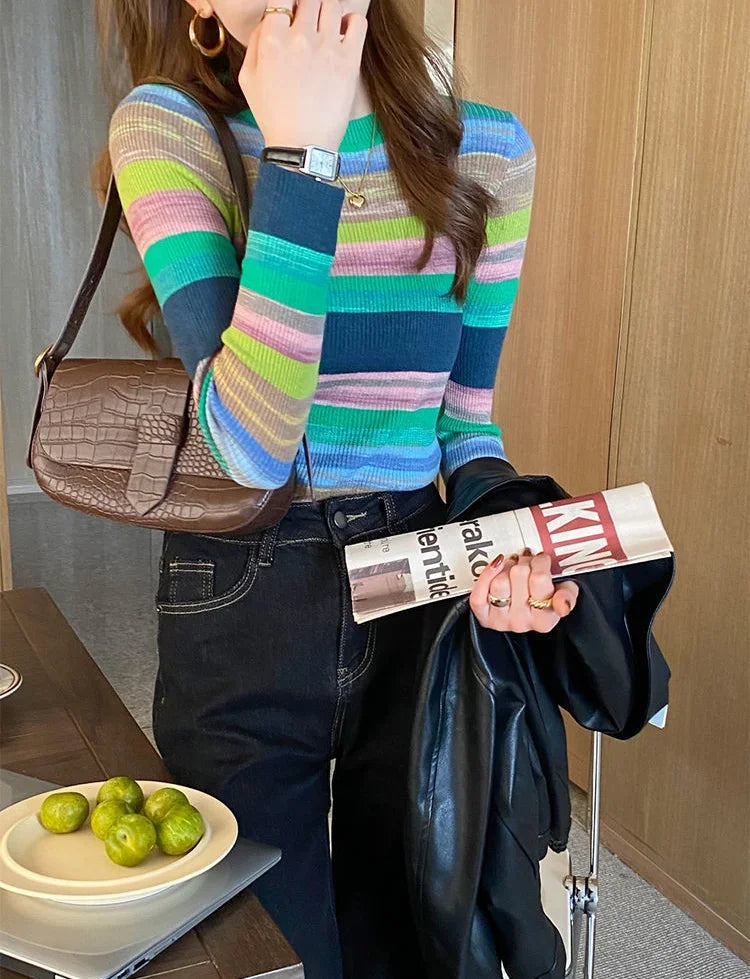 Korean Style Striped Long Sleeve Top - Women's Slim Fit T-Shirt