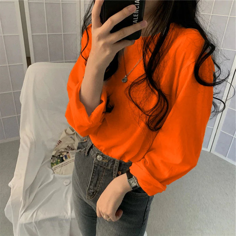 Korean Style Long Sleeve T-Shirt - Women's Loose Fit Basic Top