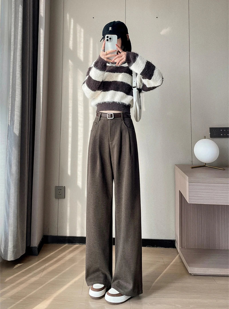 MEXZT Woolen Wide Leg Pants Women Streetwear Belt Fleece Baggy Black Suit Pants Winter Korean Fashion Casual Straight Trousers