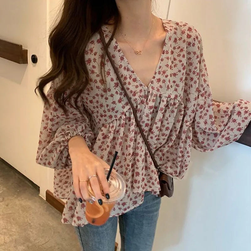 Korean Style Floral Chiffon Blouse - V-Neck Long Sleeve Women's Shirt