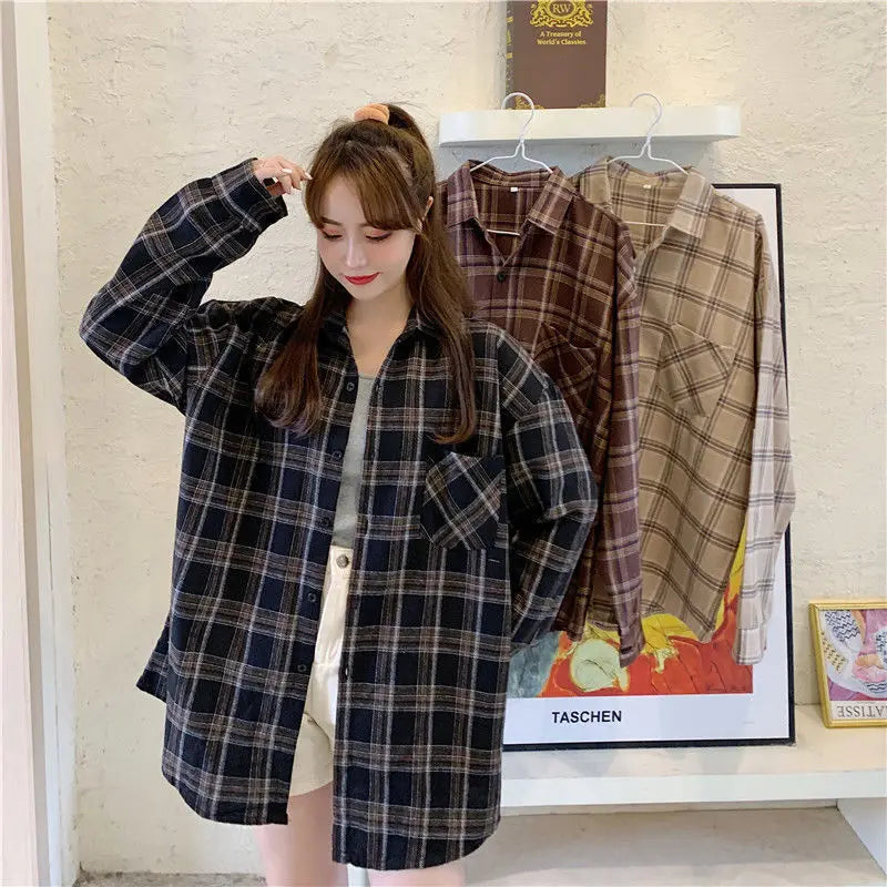 Korean Style Oversized Plaid Shirt - Women's Long Sleeve Button Up Blouse