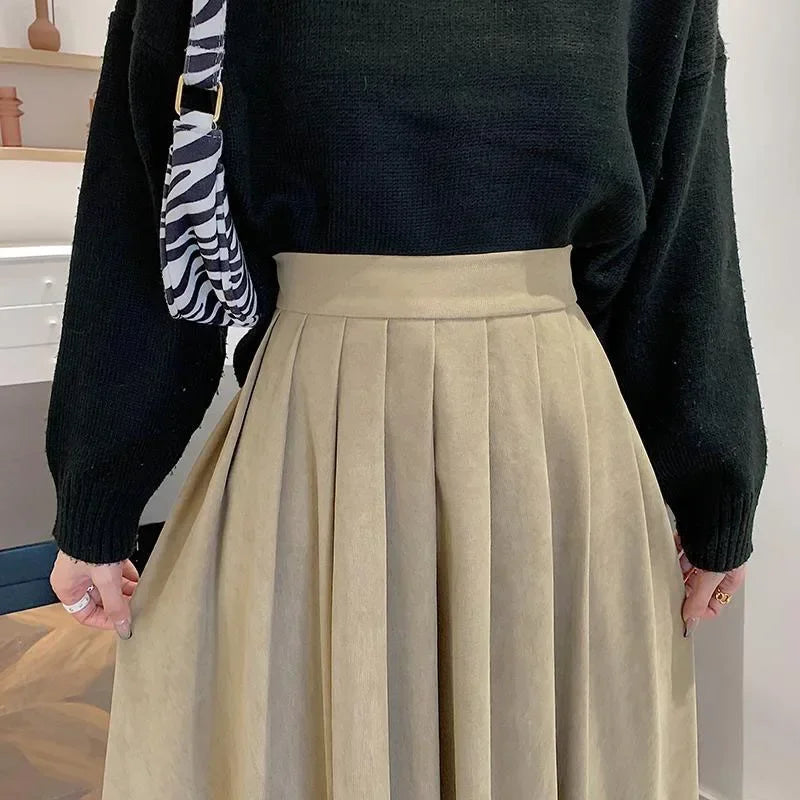 Korean Style Pleated Midi Skirt - Vintage Brown High Waist A-Line Skirt