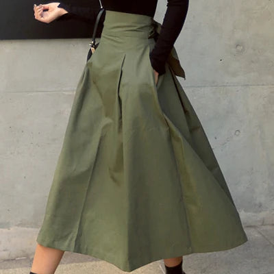 Korean Style High Waist A-Line Maxi Skirt - Elegant Lace-Up Long Skirt