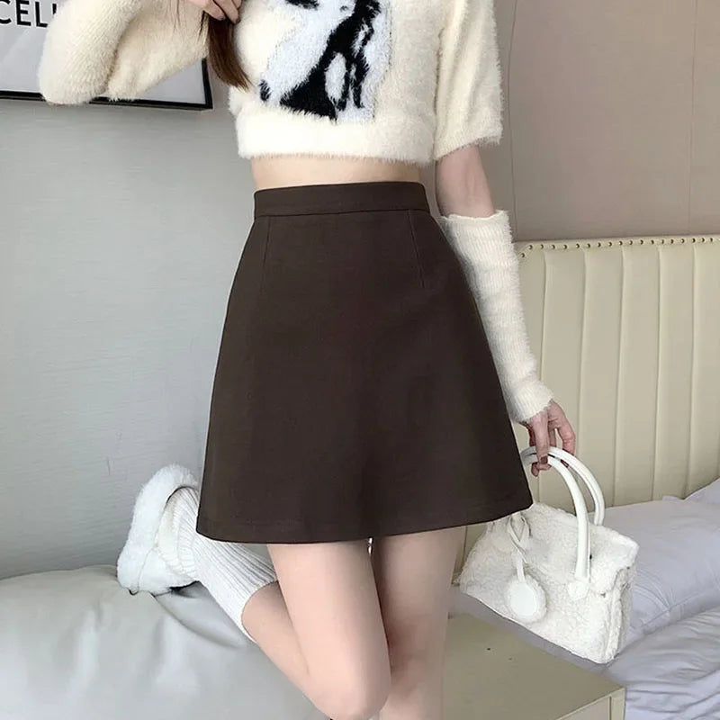 Korean Style High Waist Woolen Mini Skirt - A-Line Bodycon Skirt with Zipper