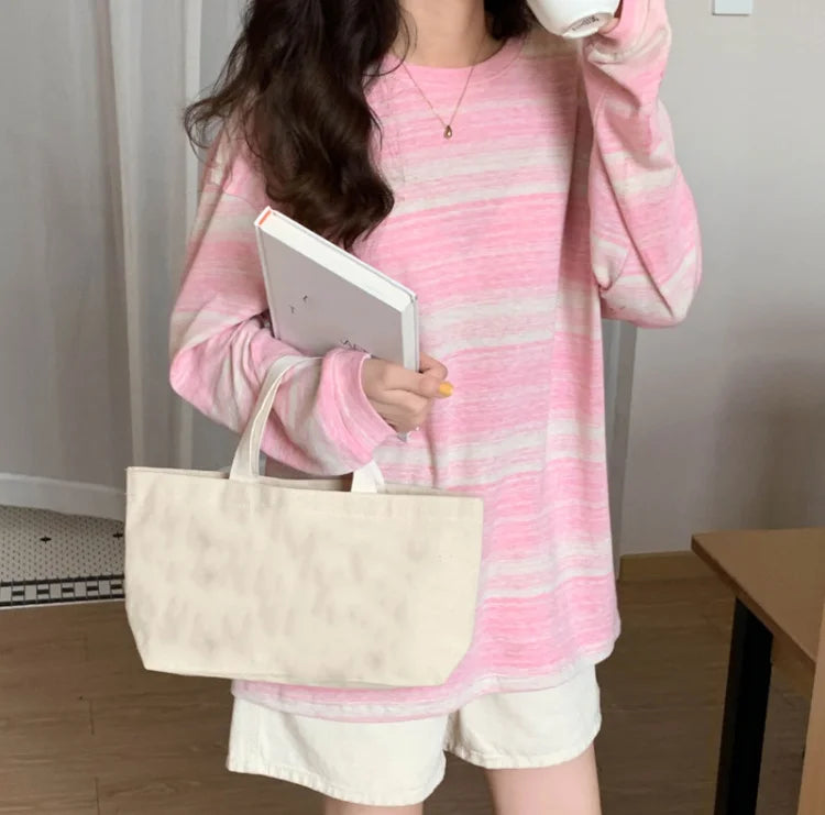 Korean Style Vintage Striped Long Sleeve T-Shirt - Women's Loose Fit Top