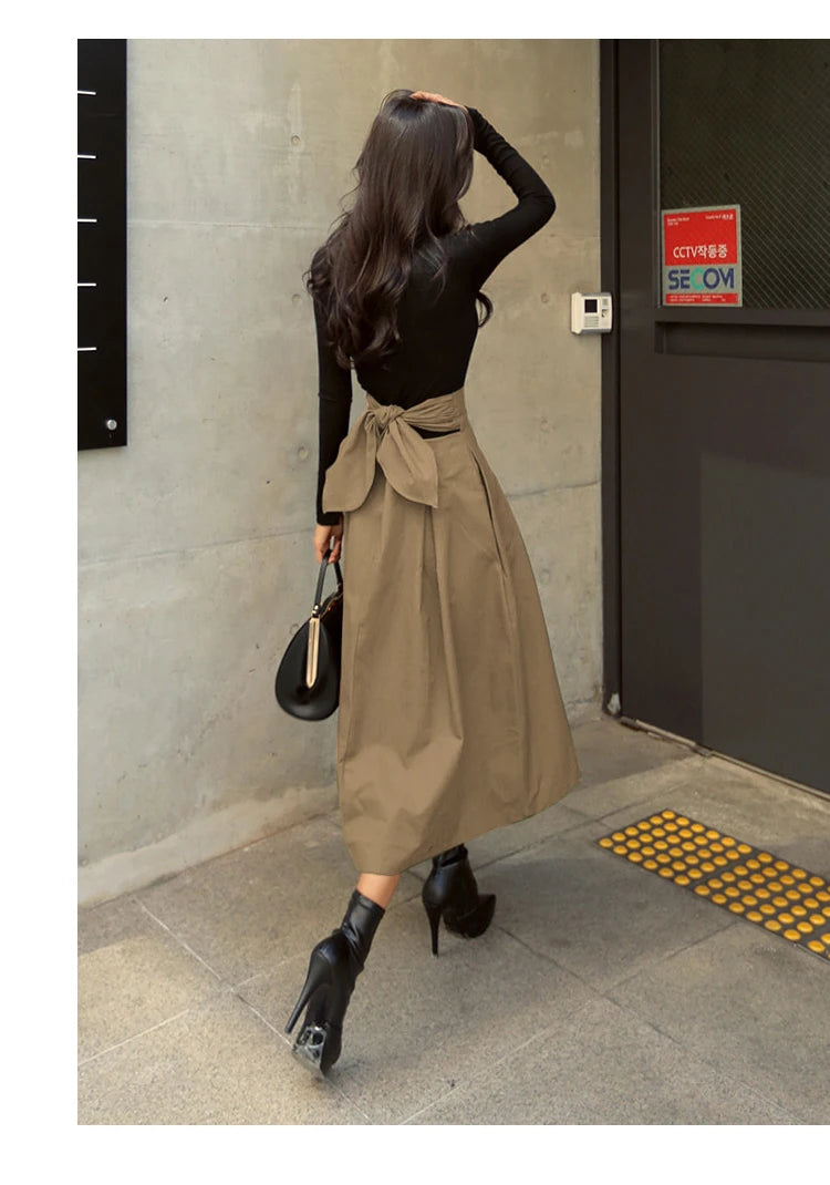 Korean Style High Waist A-Line Maxi Skirt - Elegant Lace-Up Long Skirt