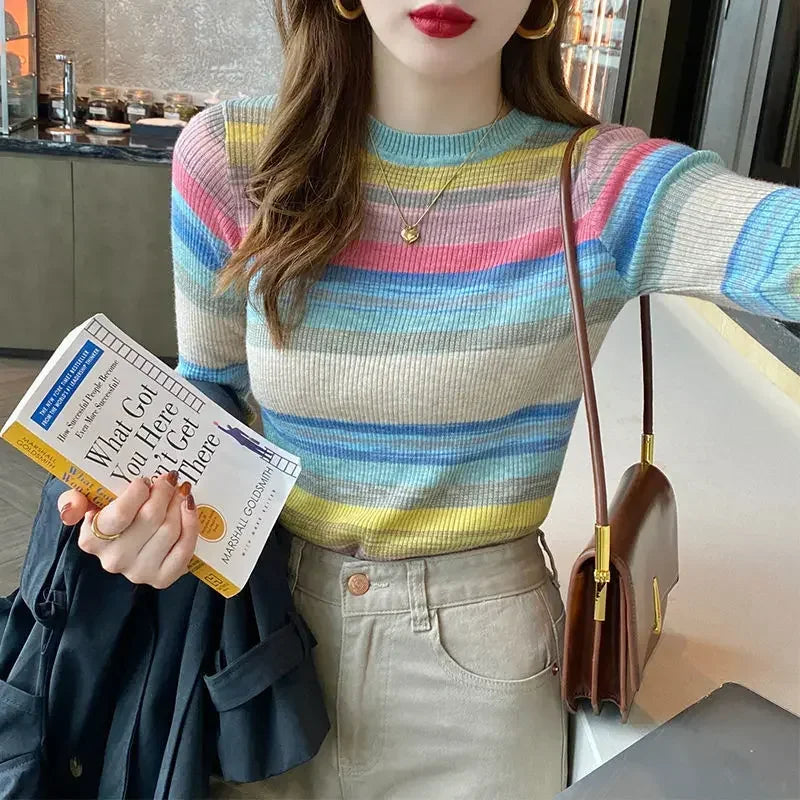 Korean Style Striped Long Sleeve Top - Women's Slim Fit T-Shirt