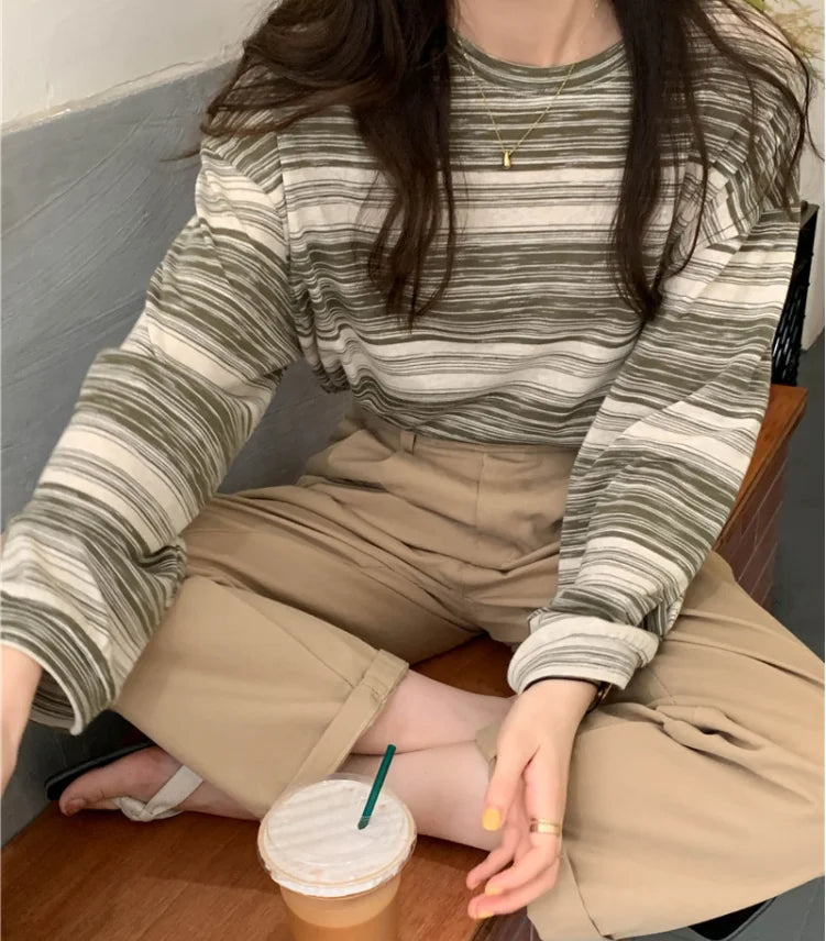Korean Style Vintage Striped Long Sleeve T-Shirt - Women's Loose Fit Top