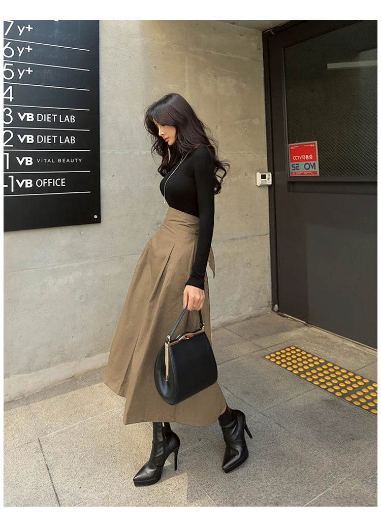 Korean Style High Waist A-Line Maxi Skirt - Elegant Lace-Up Long Skirt