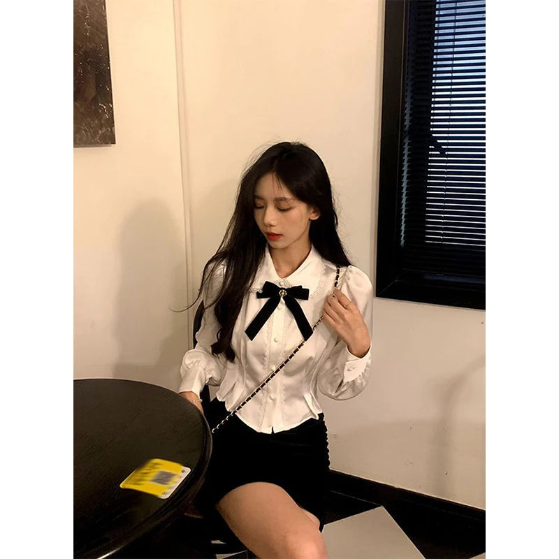 Korean Style White Lace Blouse - Elegant Peter Pan Collar Shirt with Bow Detail