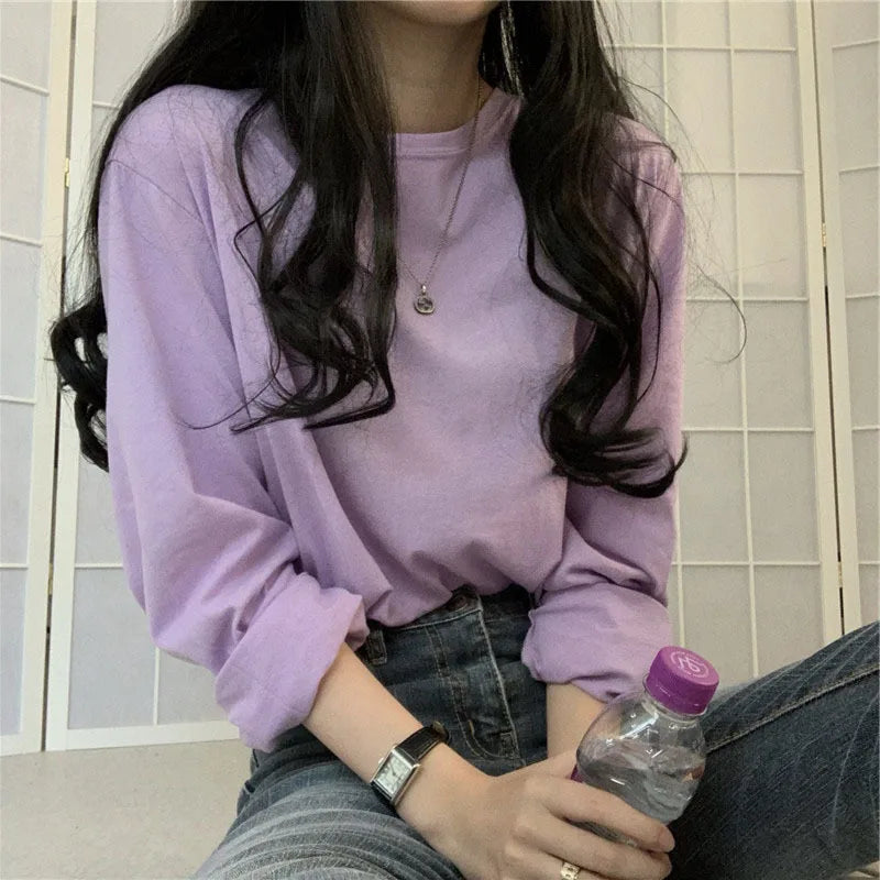 Korean Style Long Sleeve T-Shirt - Women's Loose Fit Basic Top