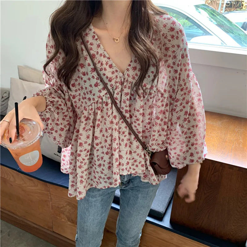 Korean Style Floral Chiffon Blouse - V-Neck Long Sleeve Women's Shirt