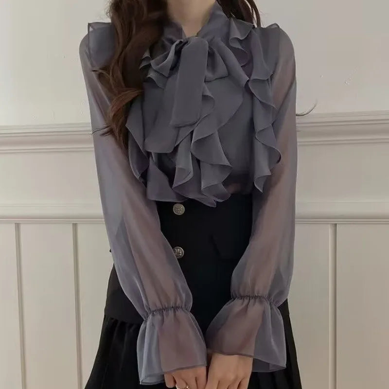 Korean Style Chiffon Blouse with Bow - Long Sleeve V-Neck Office Shirt