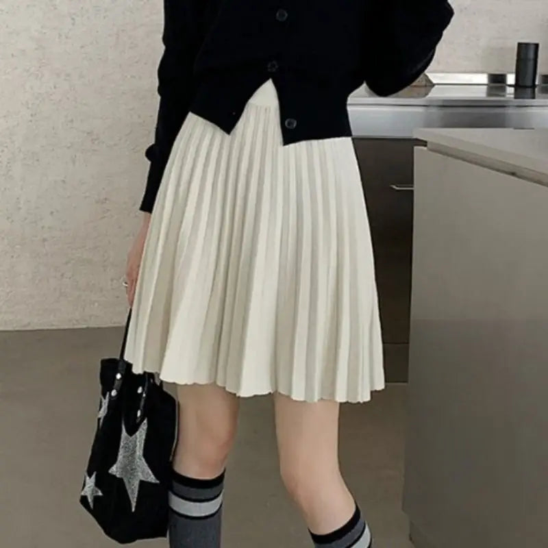 Korean Style Pleated Knit Mini Skirt - High Waist A-Line