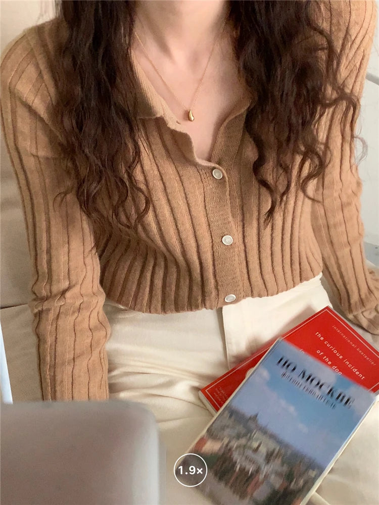 Korean Style Polo Collar Knit Cardigan - Women's Elegant Layering Sweater