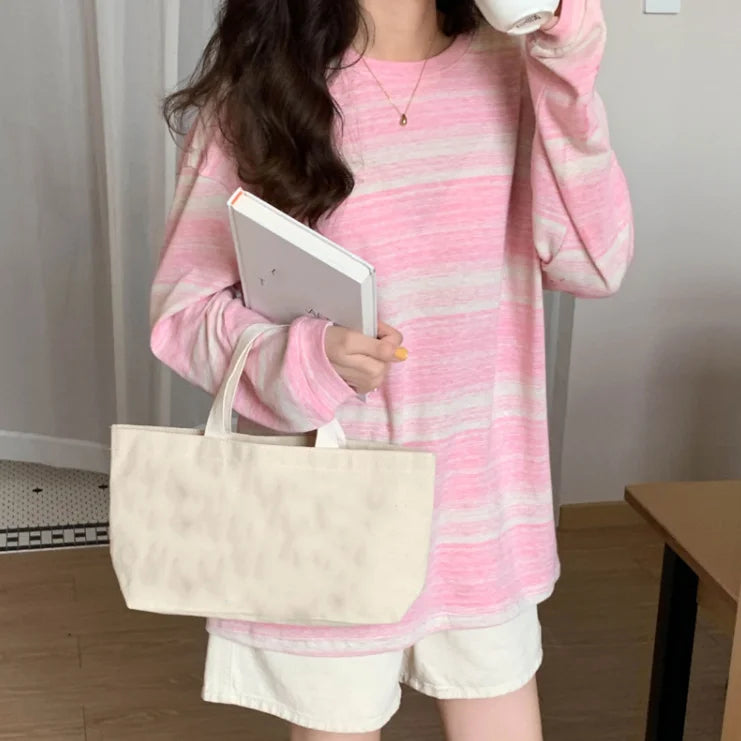 Korean Style Vintage Striped Long Sleeve T-Shirt - Women's Loose Fit Top