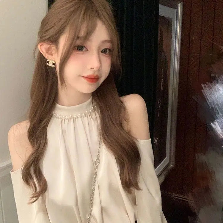 Korean Style Off-Shoulder Blouse - Long Sleeve Sweet Temperament Top for Women