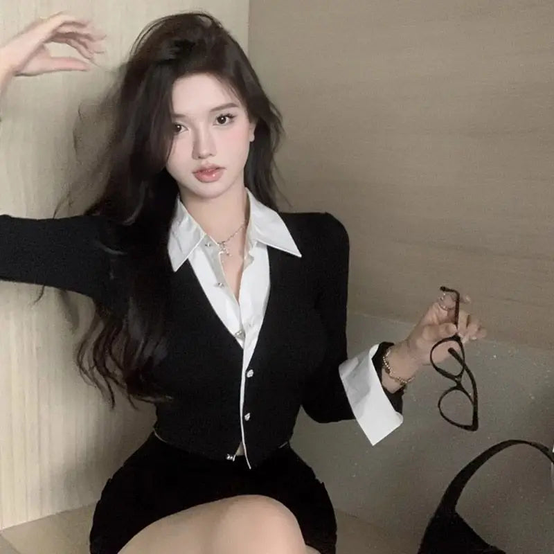 Korean Style Two-Piece Effect Blouse - Women's Slim Fit Cropped Shirt