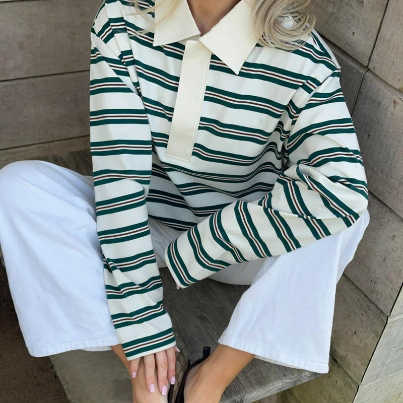 Korean Style Striped V-Neck Sweatshirt - Women's Vintage Y2K Button Pullover Top