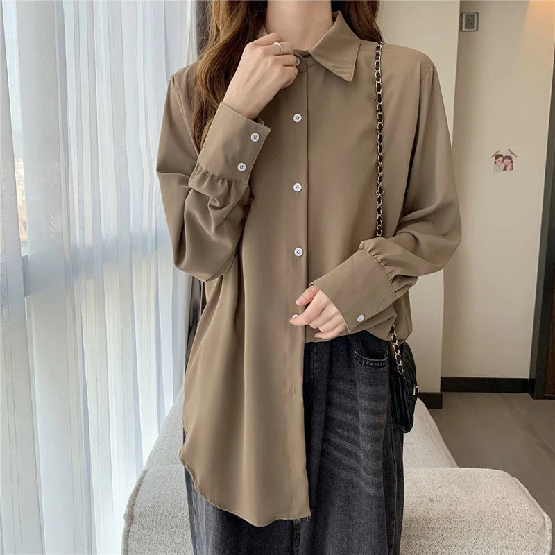 Korean Style White Chiffon Blouse - Elegant Long Sleeve Shirt for Women
