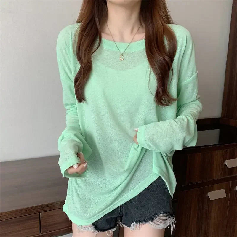 Korean Style Mesh Long Sleeve Cover Up Top