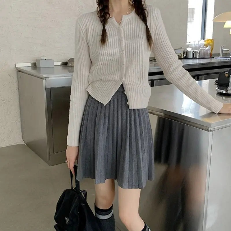 Korean Style Pleated Knit Mini Skirt - High Waist A-Line