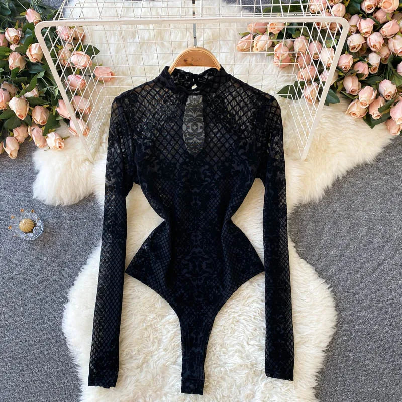 Korean Style Mesh Bodysuit - Long Sleeve Backless Body Top
