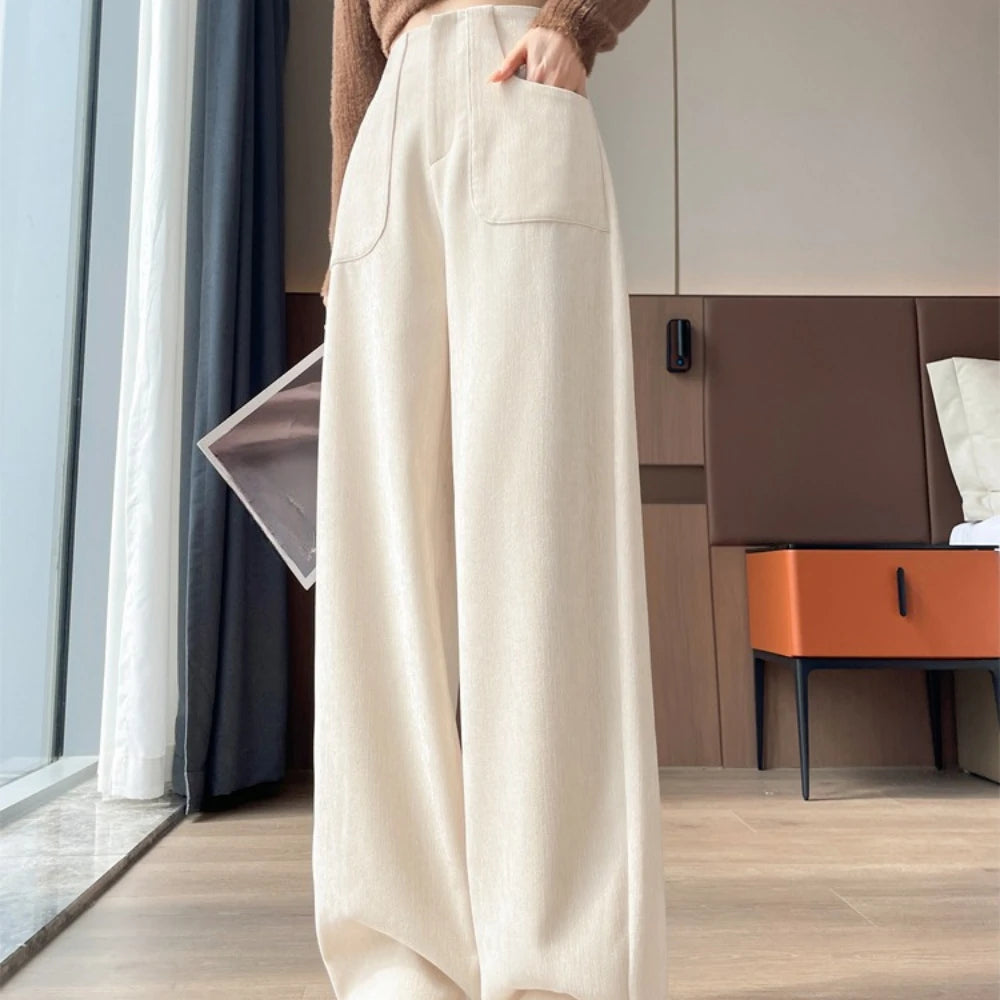 Korean Style High Waist Corduroy Wide Leg Trousers - Women's Vintage Casual Pants with Pockets