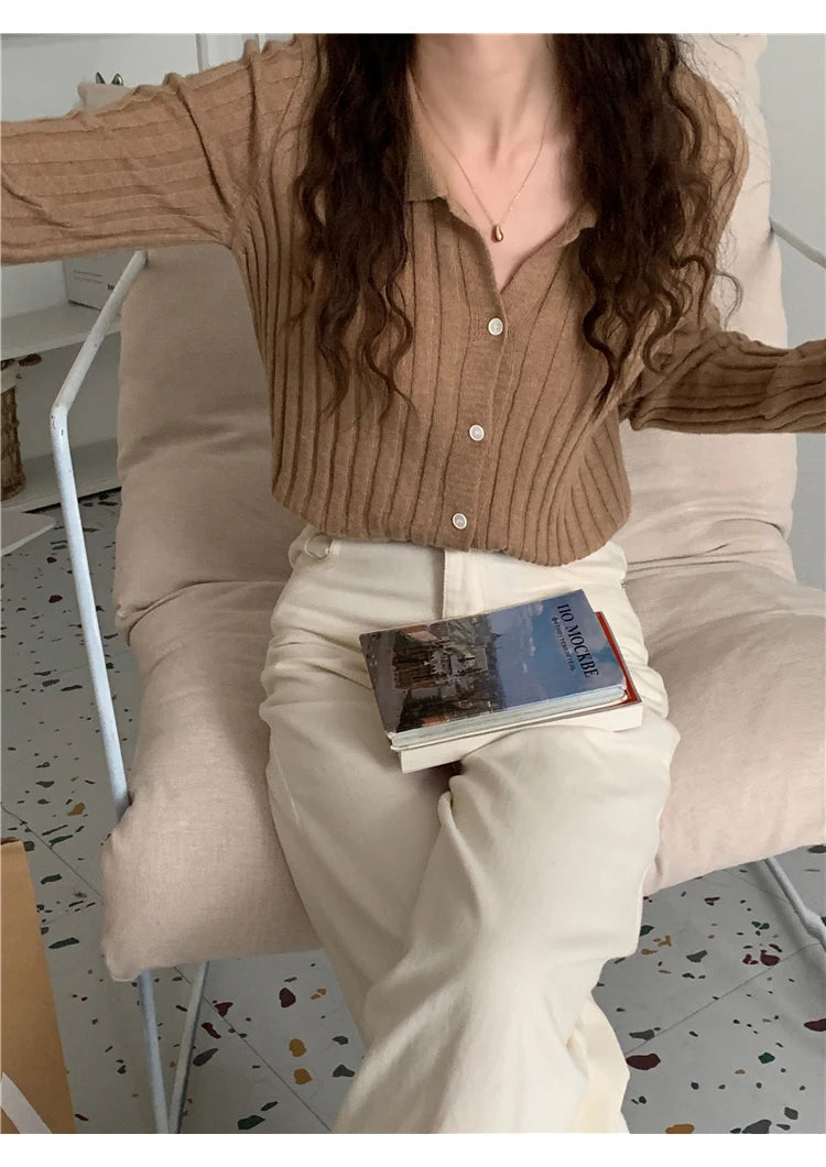 Korean Style Polo Collar Knit Cardigan - Women's Elegant Layering Sweater