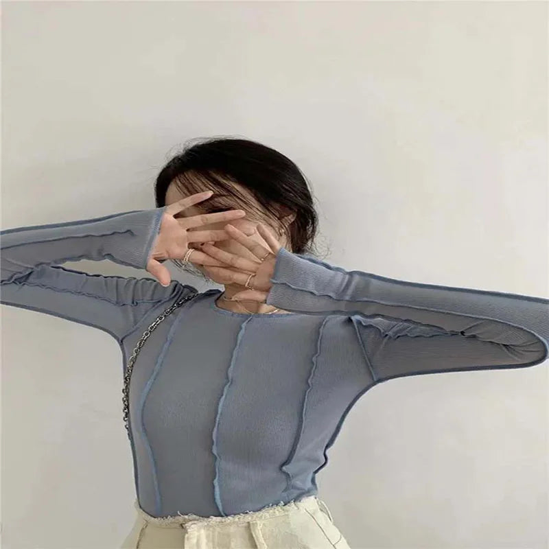 Korean Style Long Sleeve Top - Slim Fit with Contrast Line Detail
